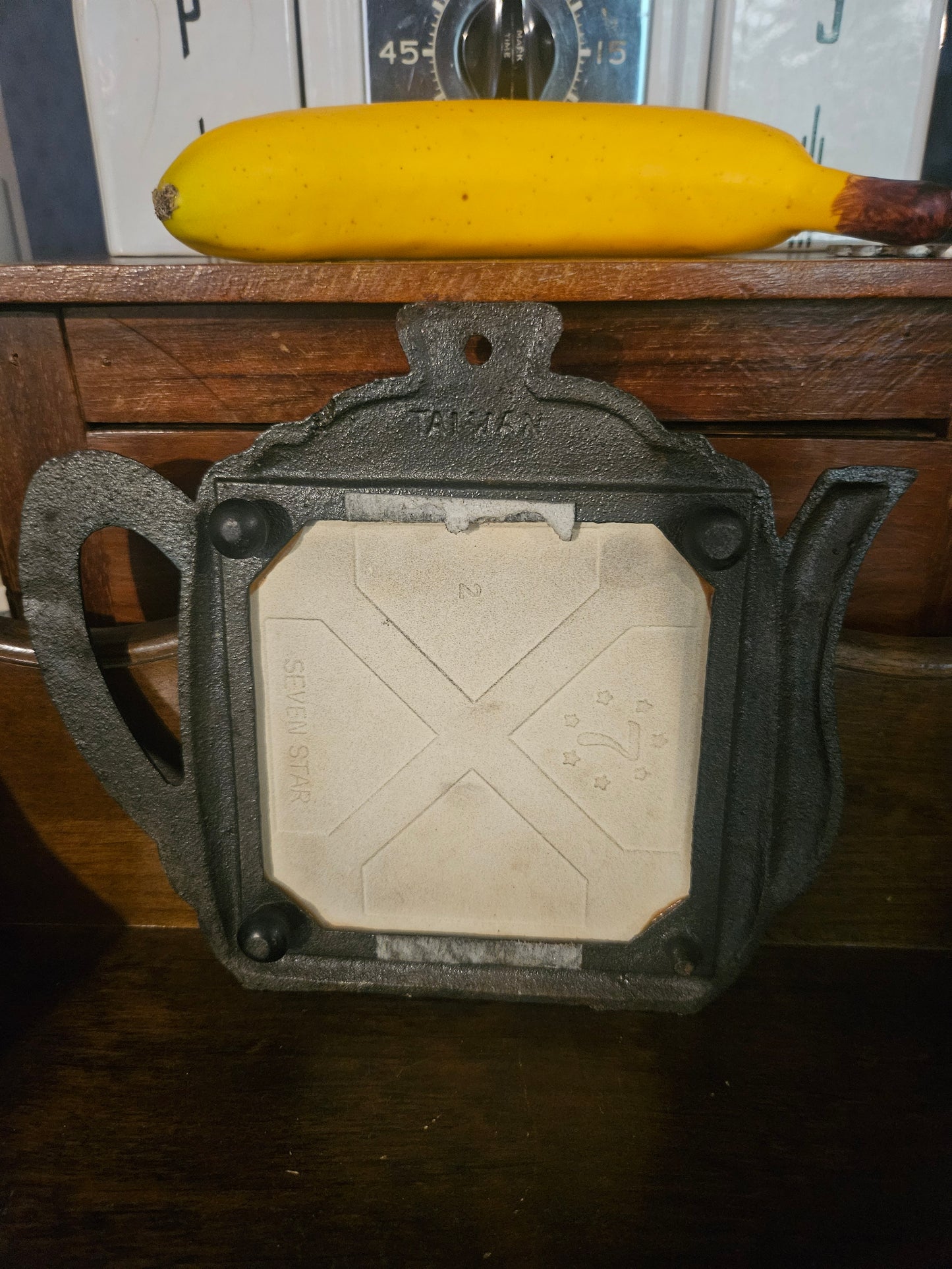 Vintage Cast Iron Teapot Trivet — Fruit Still Life Ceramic Tile Insert