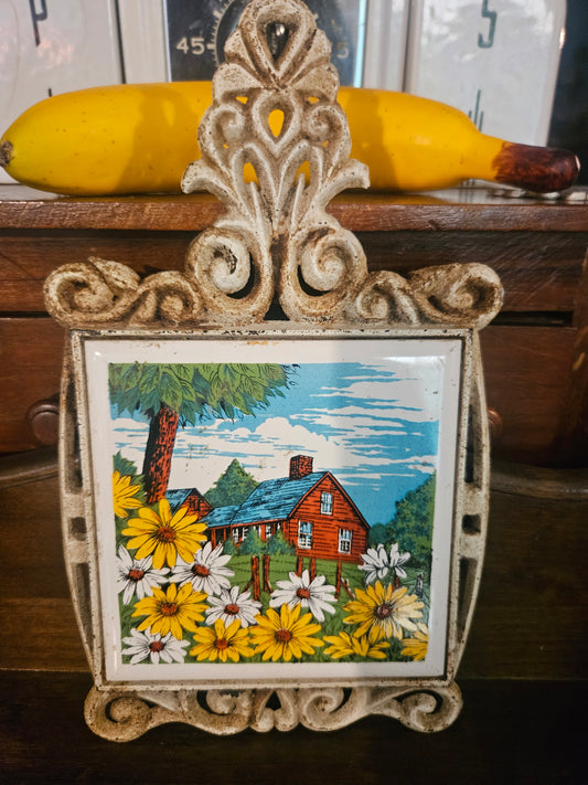 Vintage Cast Iron Trivet — Country Cottage Tile, Cherry Brand, Made in Japan