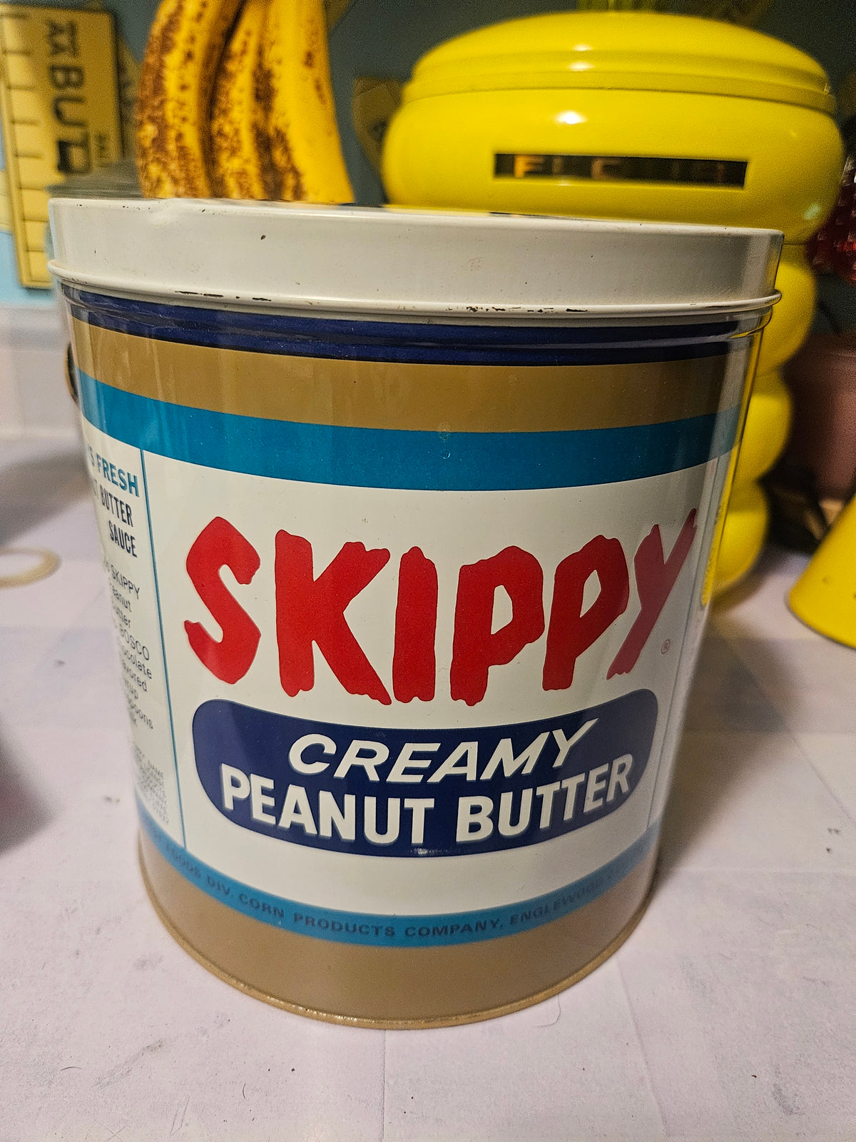 Vintage Skippy Creamy Peanut Butter Tin with Bail Handle — Mid-Century Kitchen Collectible