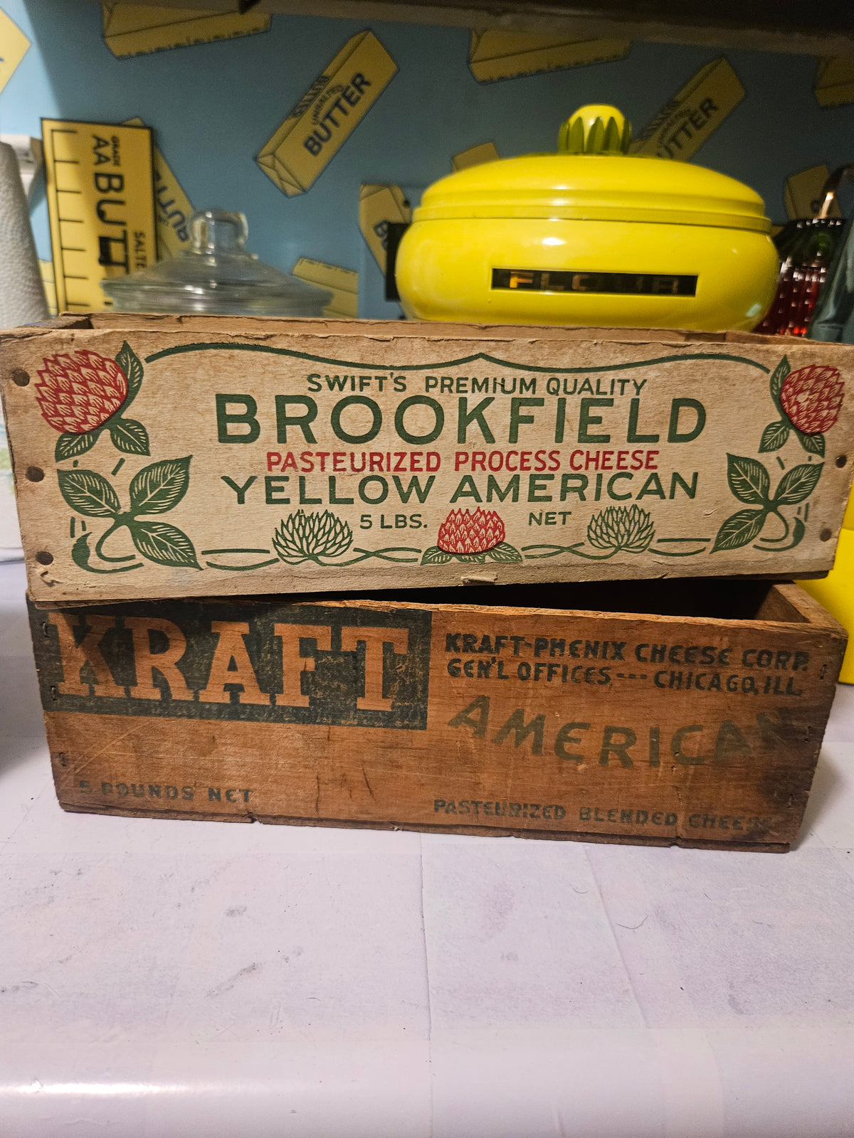 Vintage Brookfield and Kraft wooden cheese crate set stacked, front view
