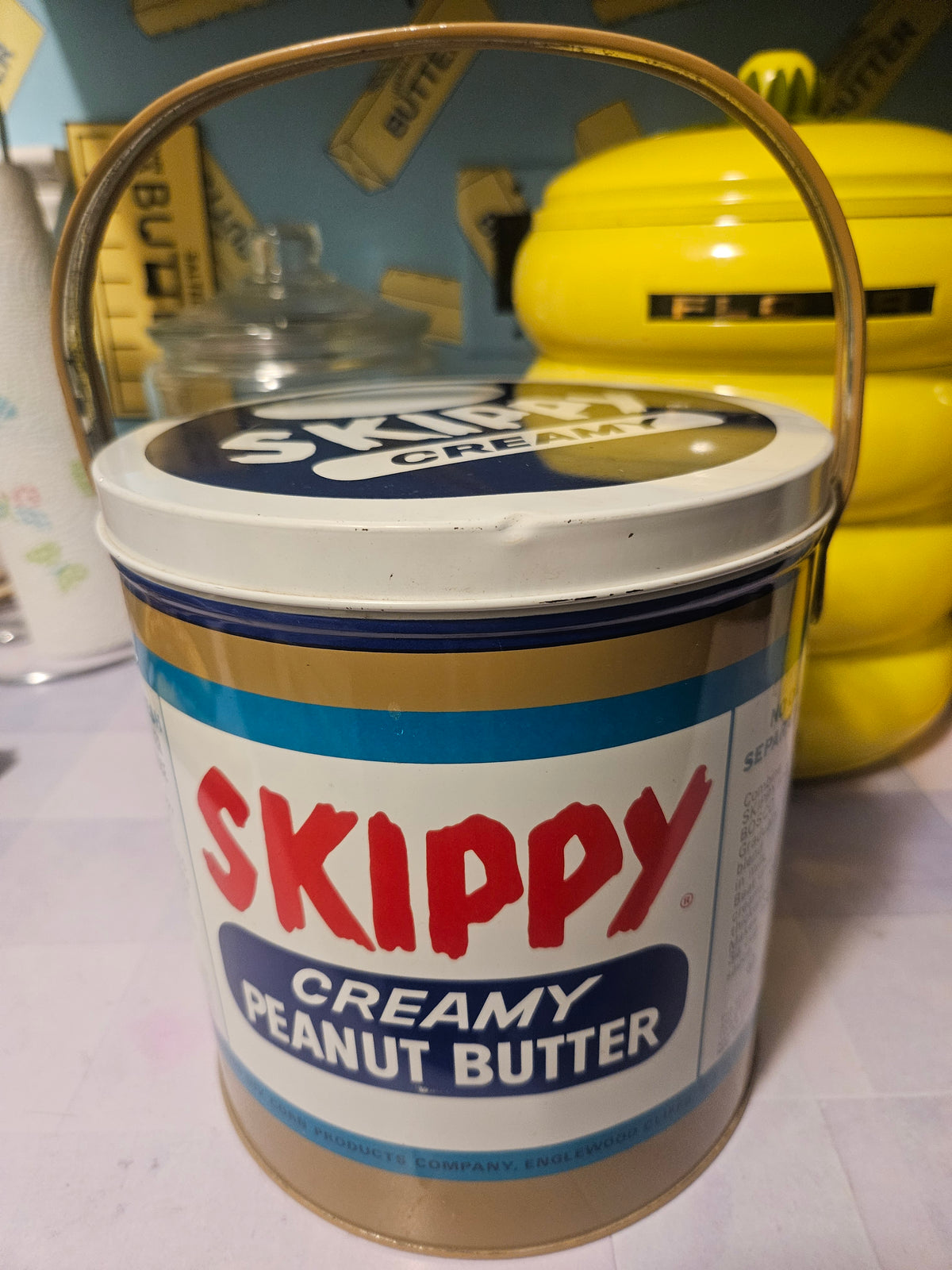 Vintage Skippy Creamy Peanut Butter Tin with Bail Handle — Mid-Century Kitchen Collectible