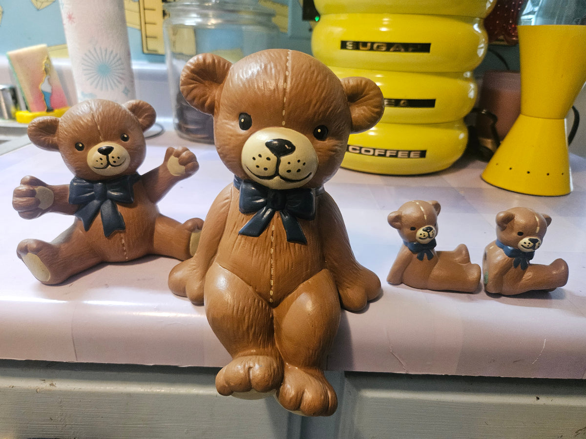 Vintage Ceramic Teddy Bear Figurine Set of 4 — Blue Bow