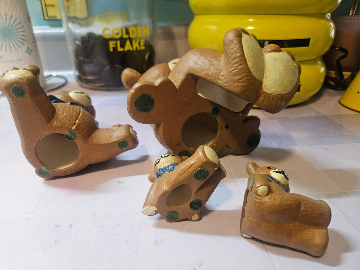 Vintage Ceramic Teddy Bear Figurine Set of 4 — Blue Bow
