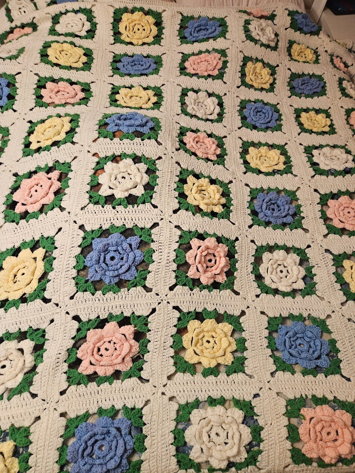 Vintage Handmade Crochet Afghan — 3D Rose Granny Square, Full Size