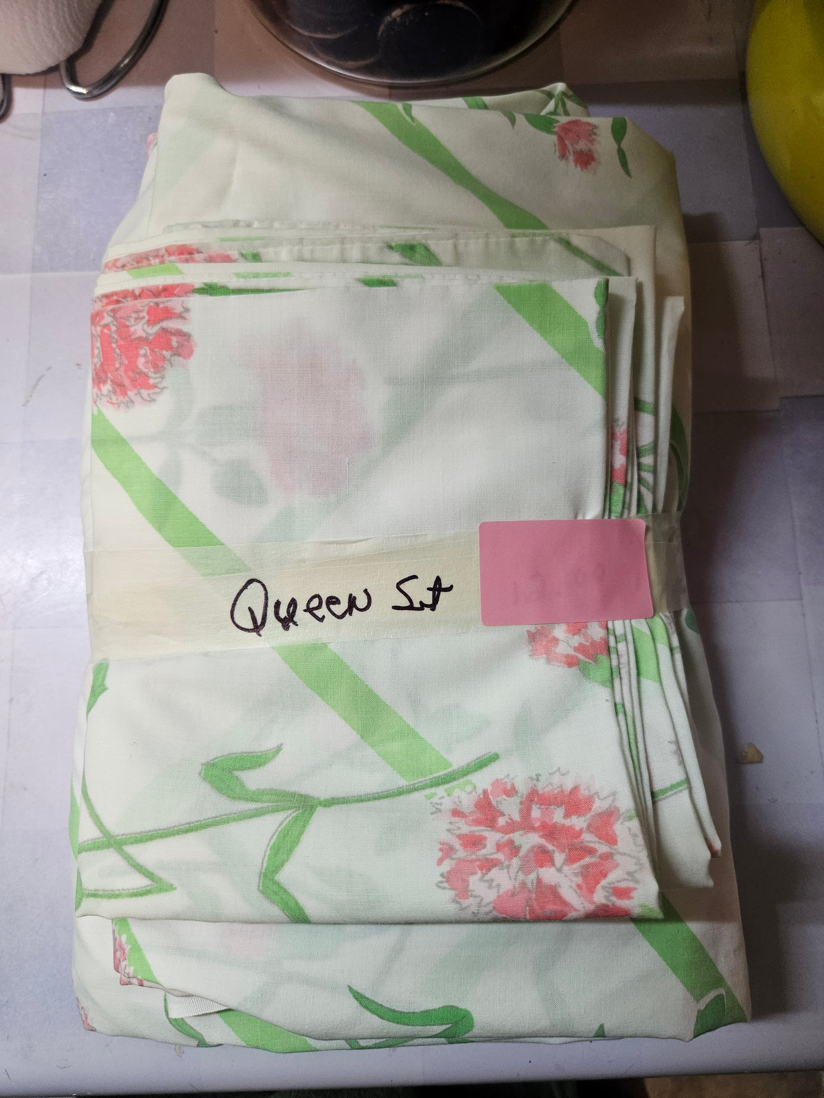 Vintage Queen Sheet Set — Pink Carnation Floral, Green Diagonal Stripe