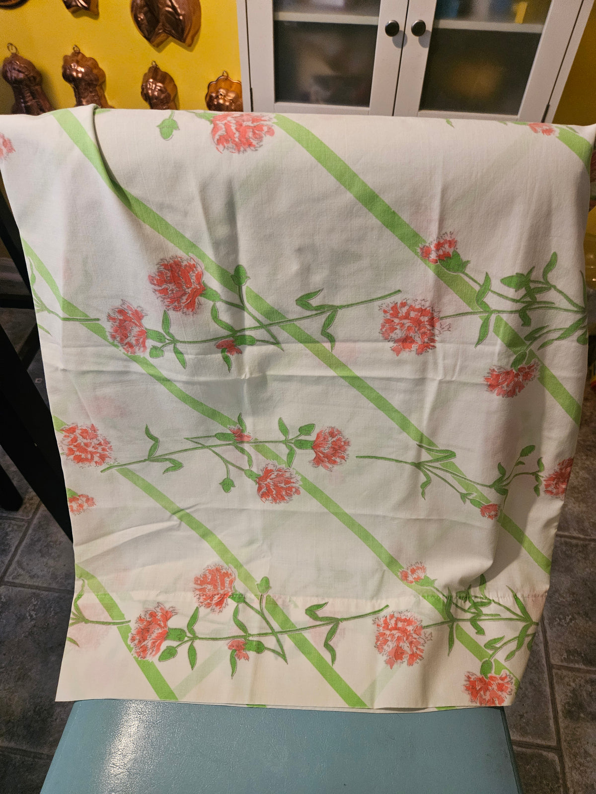 Vintage Queen Sheet Set — Pink Carnation Floral, Green Diagonal Stripe
