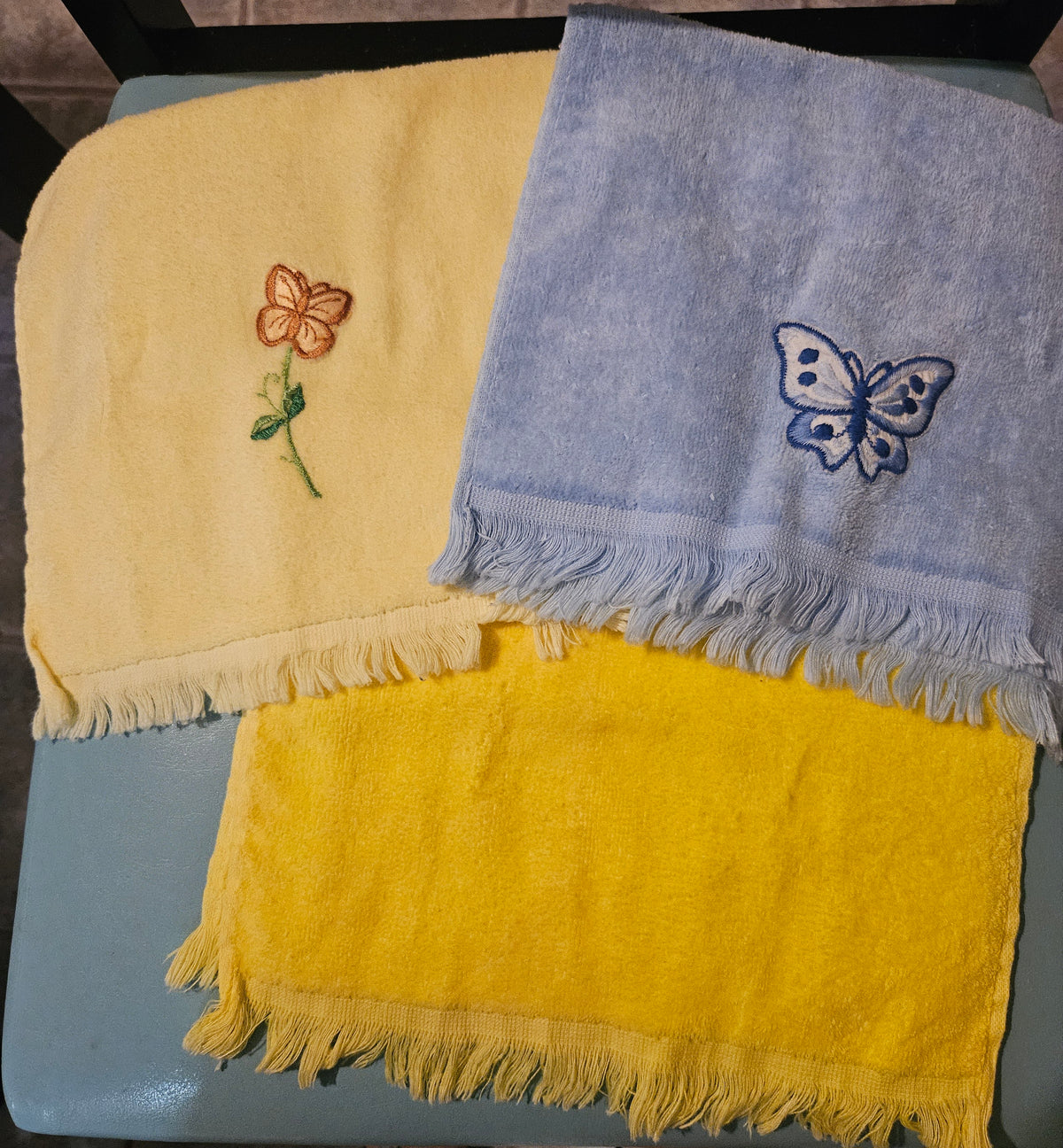 Vintage Cannon Hand Towels — Set of 3, Embroidered Floral & Butterfly, Yellow & Blue