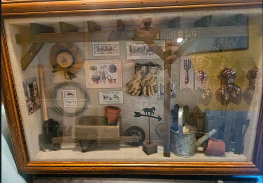 Framed Garden Shed Shadow Box Diorama — Miniature 3D Scene, Cottagecore Wall Art, 21x14x4"