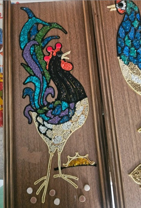 Mid-Century Gravel Art Rooster & Hen with Chicks Wall Panels — Set of 2, Walnut Wood, 17x7.5"