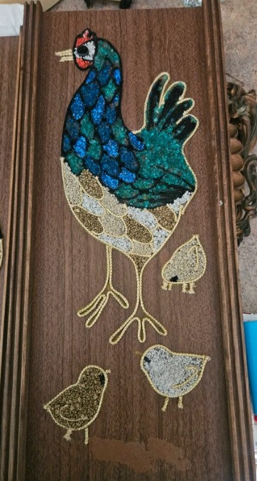 Mid-Century Gravel Art Rooster & Hen with Chicks Wall Panels — Set of 2, Walnut Wood, 17x7.5"