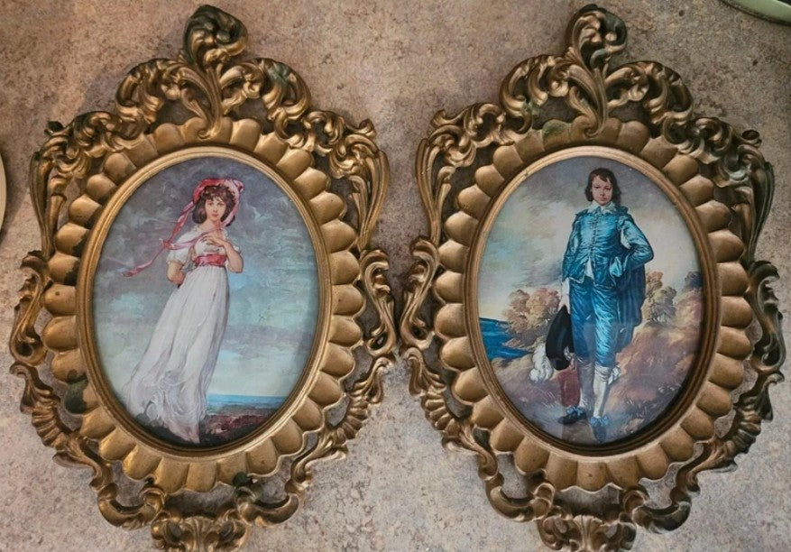 Vintage Pinkie and Blue Boy portrait prints in ornate gold rococo bubble frames set of 2