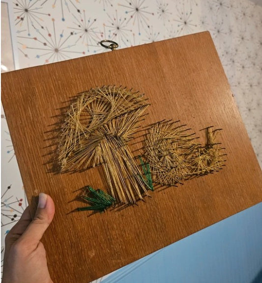 Mid-Century Nail & String Art Mushroom Wall Plaque — Solid Wood, 13.5x11.5", Cottagecore Decor