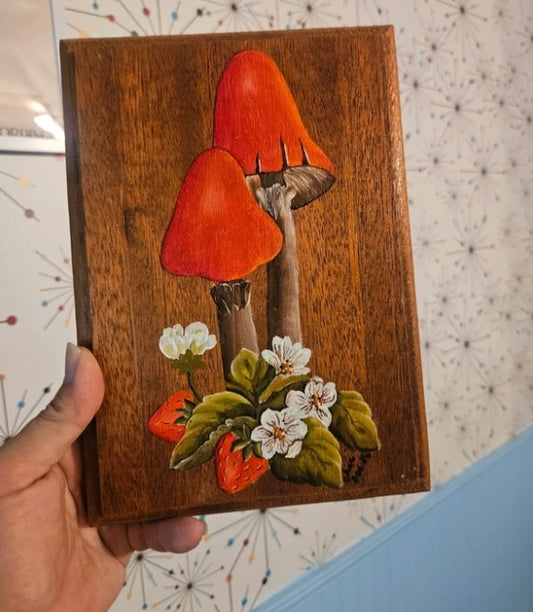Mid-Century Hand Painted Mushroom & Strawberry Wall Plaque — Solid Wood, 9.5x7", Cottagecore