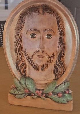 1950s Wonderart Jesus – Eyes Follow You – 1950s Ceramic Relief Plaque with Holly Base