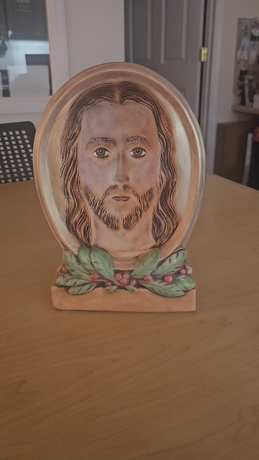 1950s Wonderart Jesus – Eyes Follow You – 1950s Ceramic Relief Plaque with Holly Base