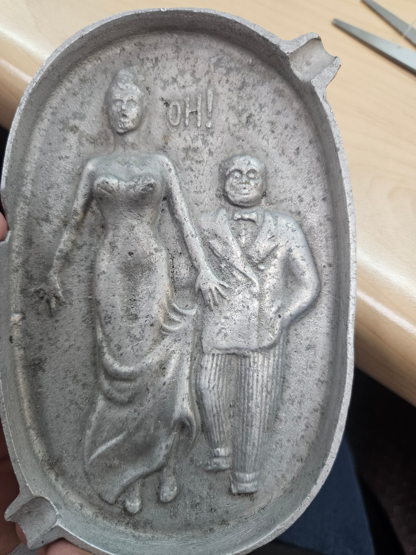 Vintage Novelty Risqué Cast Aluminum Ashtray — "OH!" Double-Sided, 5.5" x 3.25", Mid-Century