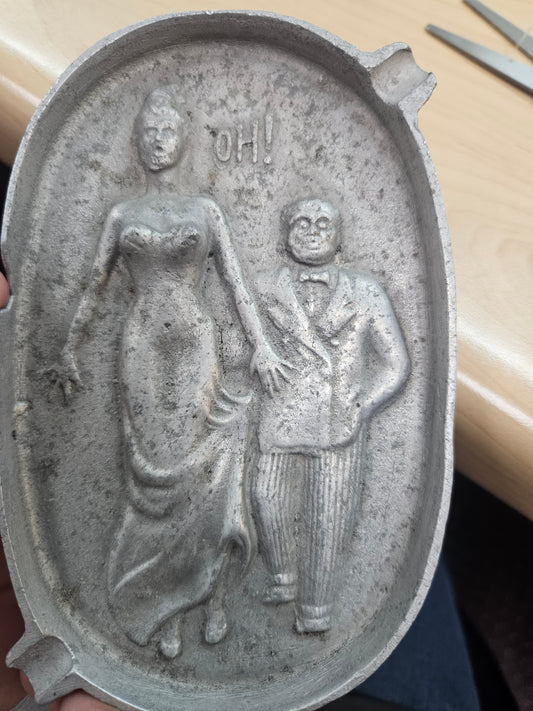 Vintage Novelty Risqué Cast Aluminum Ashtray — "OH!" Double-Sided, 5.5" x 3.25", Mid-Century
