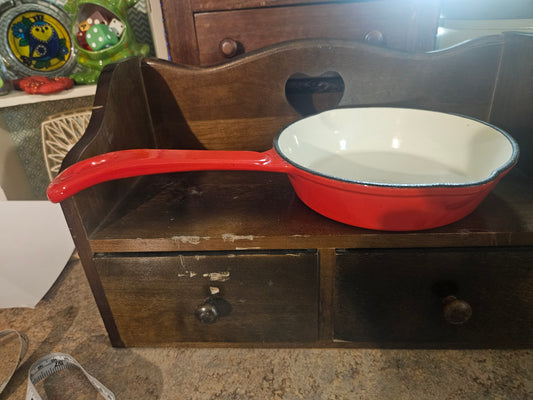 Red Enameled Cast Iron Skillet — Flame Red Exterior, White Interior, 7" Pan, 12" Overall, Vintage