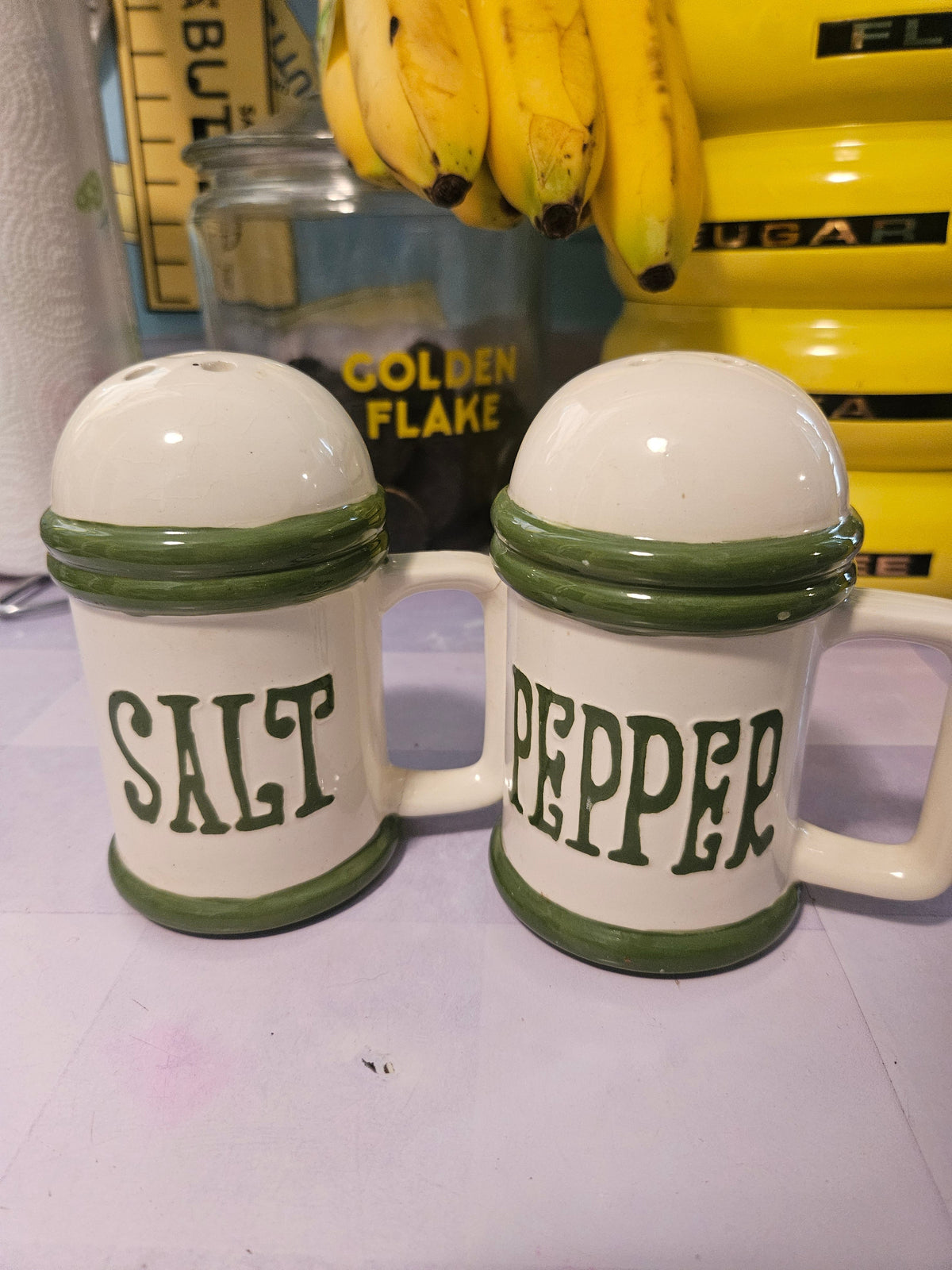 Vintage Ceramic Salt & Pepper Shaker Set — Green & Cream with Handles