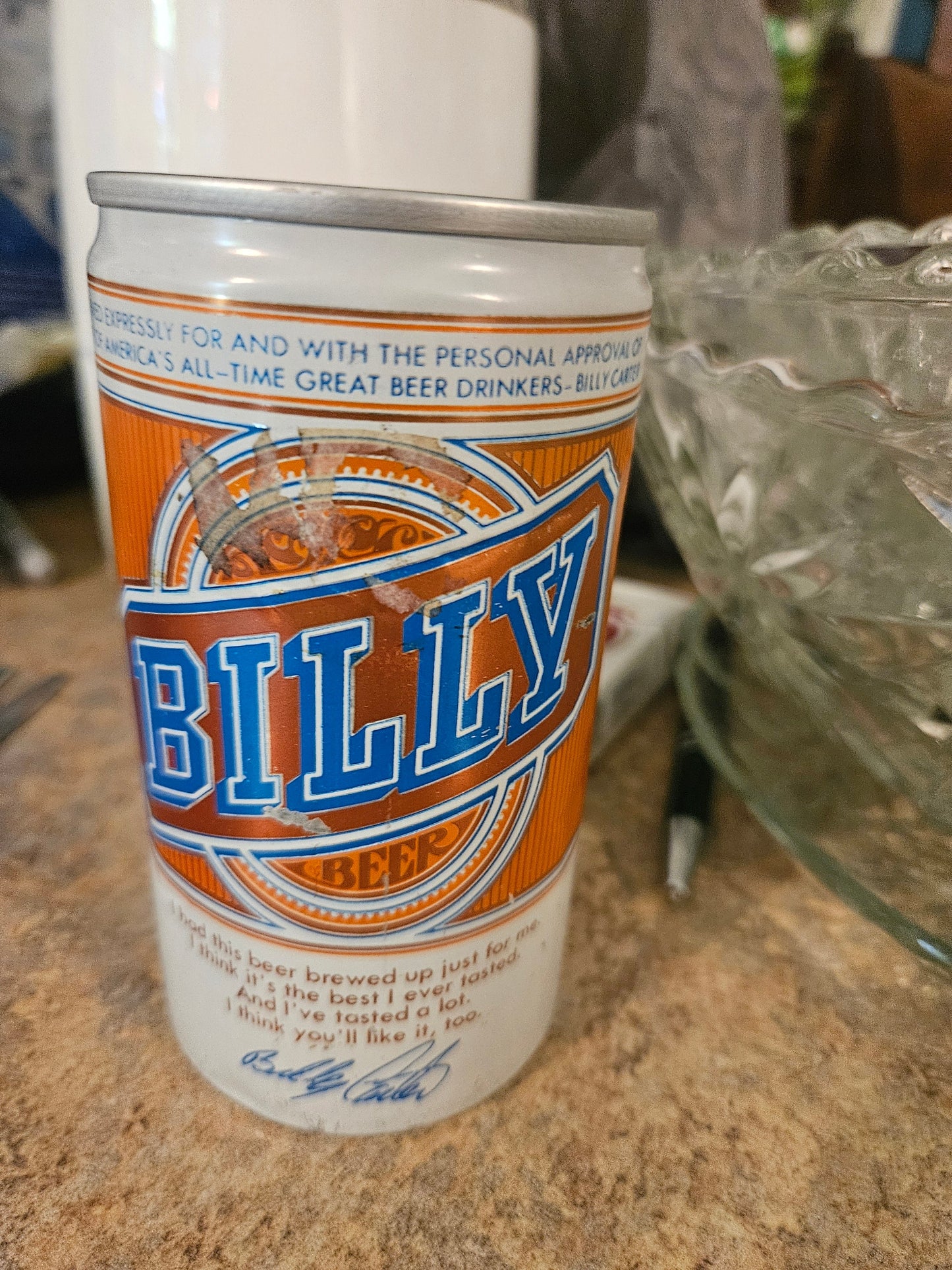 Vintage 1977 Billy Beer can front showing Billy Carter signature and quote