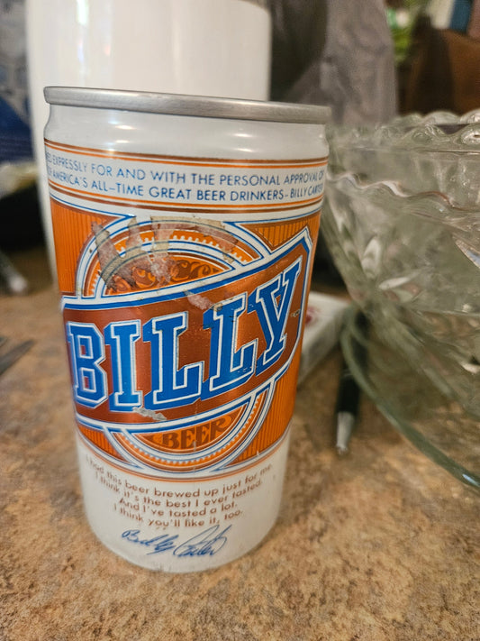 Vintage 1977 Billy Beer can front showing Billy Carter signature and quote