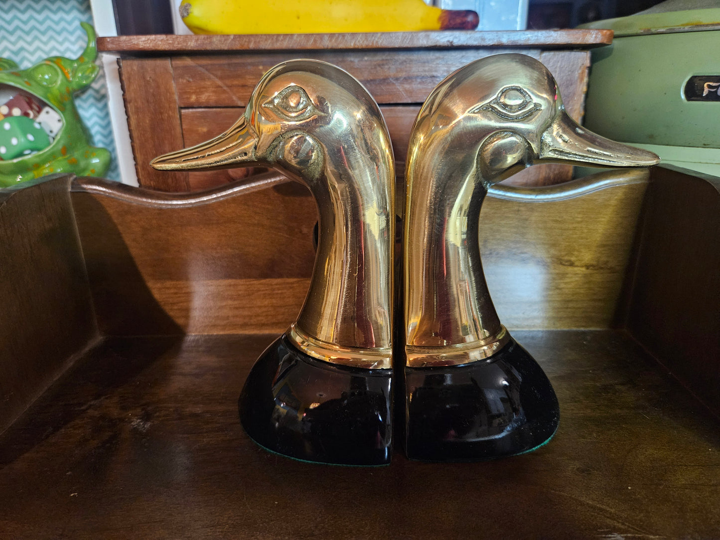 Solid Brass Duck Head Bookends, Lacquered – Original Box, Excellent Condition