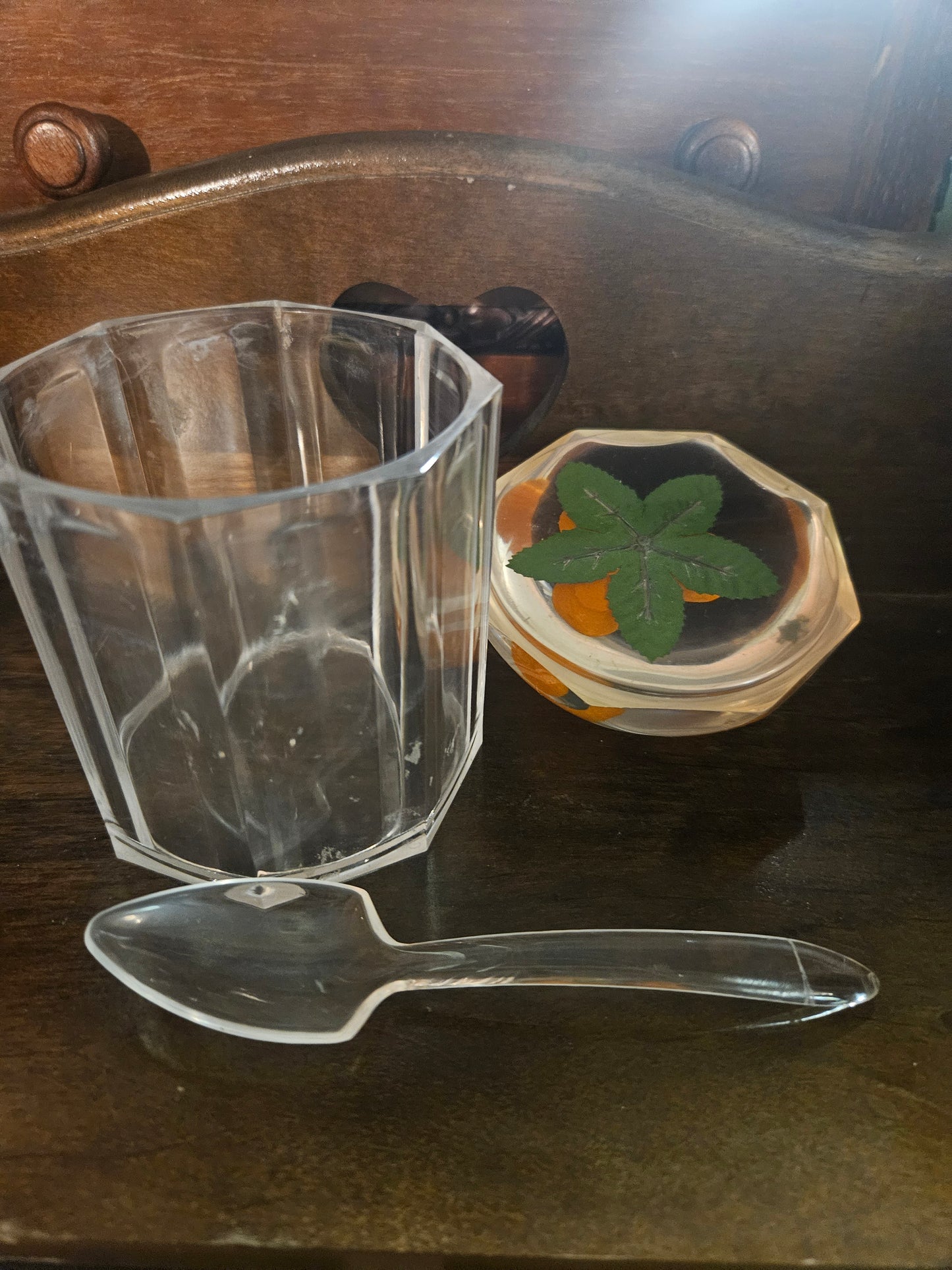 Lucite Jam Pot with Orange Fruit Dome Lid & Spoon — Octagonal, Mid-Century Tableware, 5x4x4"