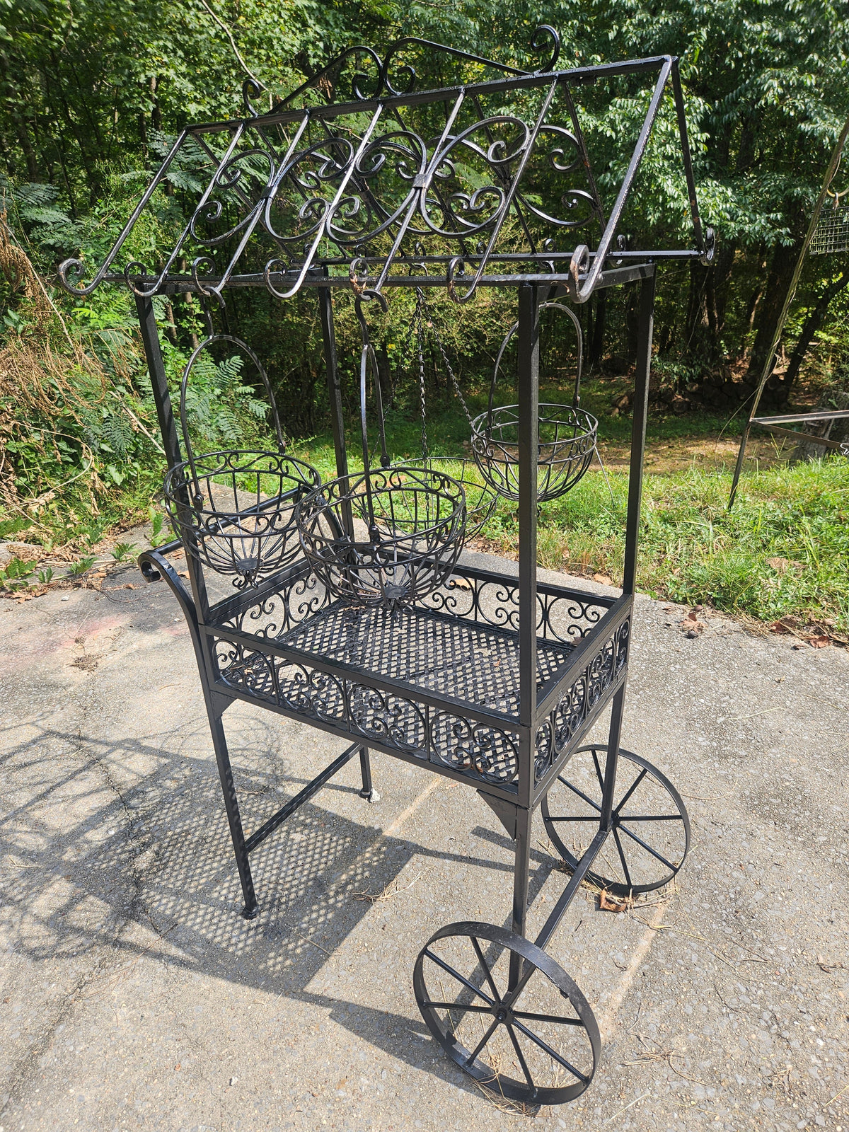 Vintage Wrought Iron Plant Stand Cart with Canopy & Hanging Baskets