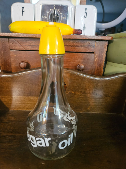 Vintage Glass Oil & Vinegar Cruet Bottle with Yellow Pour Spout