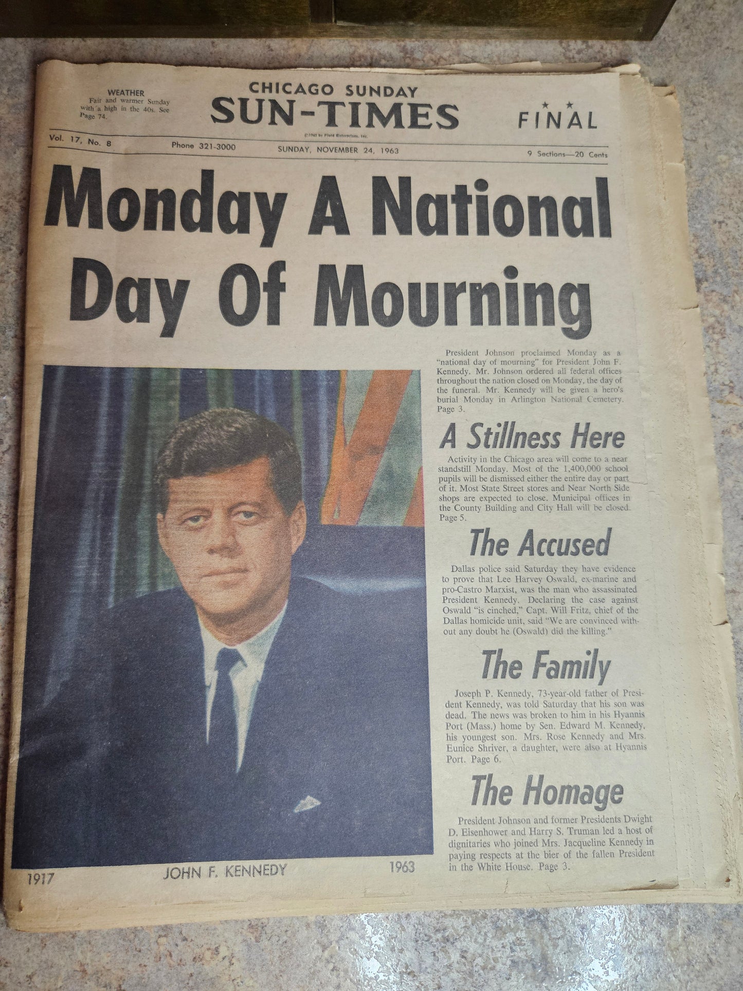 Chicago Sunday Sun-Times, November 24, 1963 – JFK "Monday A National Day Of Mourning" Final Edition