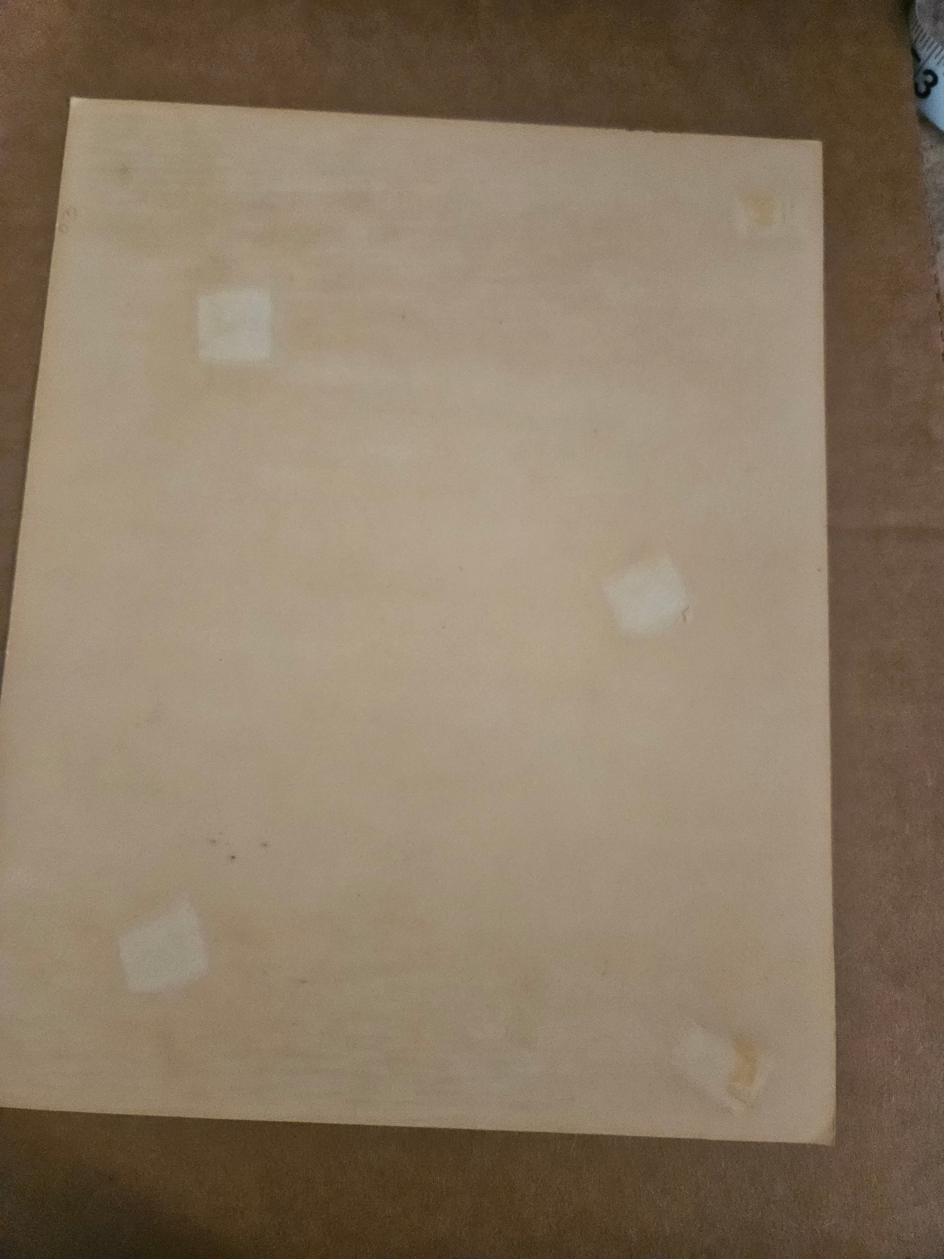 Back of Wizard of Oz castle scene photo print showing age yellowing and tape residue spots on plain surface