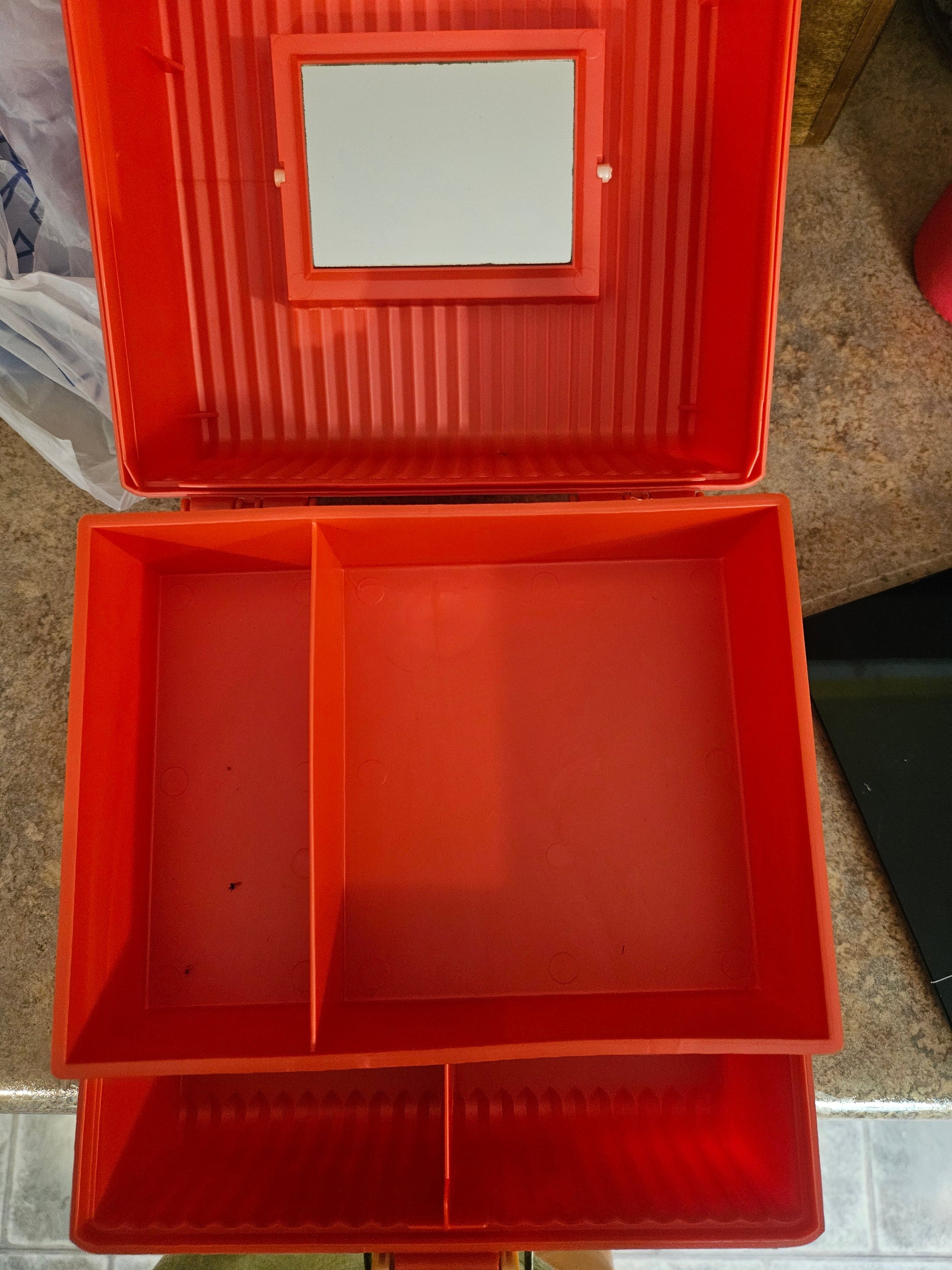 Interior of Sassaby case open showing mirror in lid and divided upper compartments