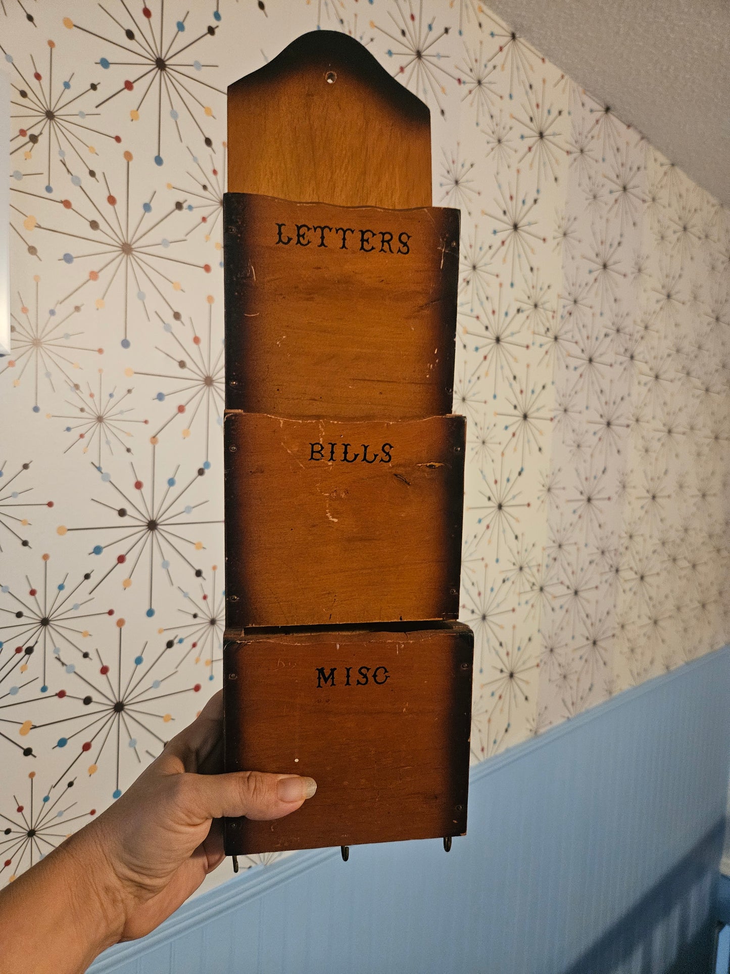 Vintage Wooden Wall Mail Organizer Letters Bills Misc with Key Hooks