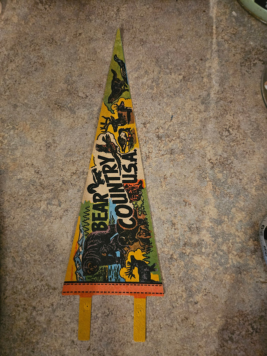 Vintage Bear Country USA souvenir felt pennant front showing full-color wildlife illustration with bears moose deer and eagles