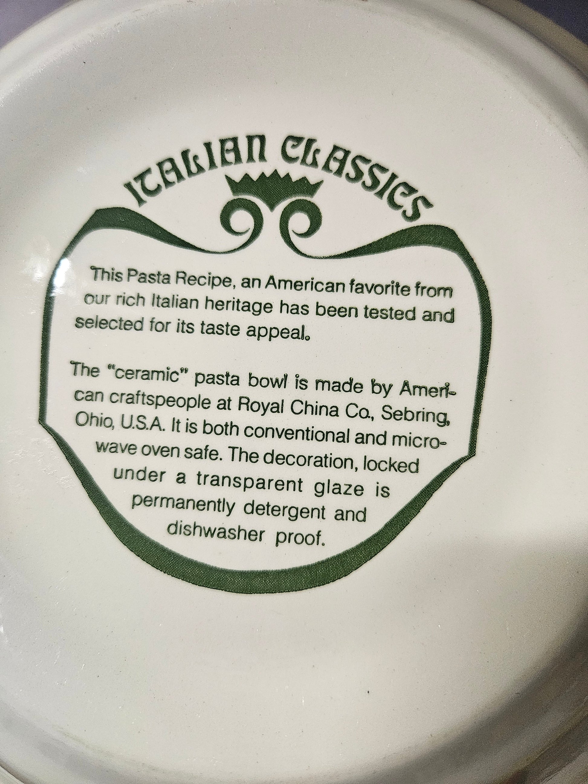 Bottom showing Italian Classics mark and Royal China Co. Sebring Ohio Made in USA stamp