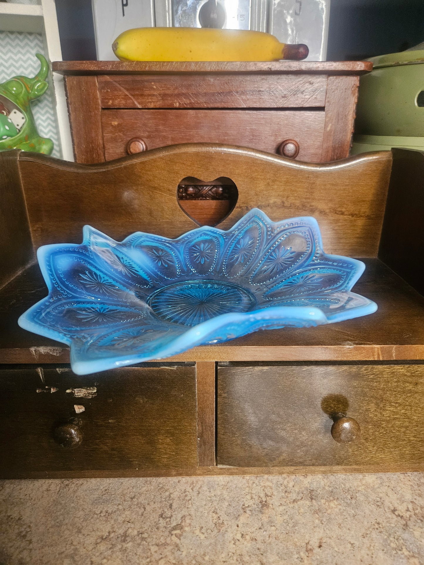 Northwood Blue Opalescent Pressed Glass Bowl — Spokes & Wheels Pattern, 8" x 8", No Chips or Cracks