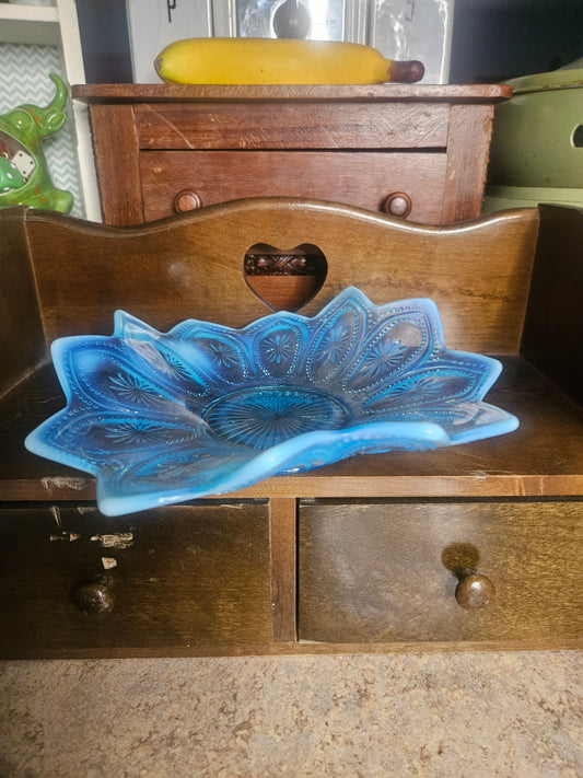 Northwood Blue Opalescent Pressed Glass Bowl — Spokes & Wheels Pattern, 8" x 8", No Chips or Cracks