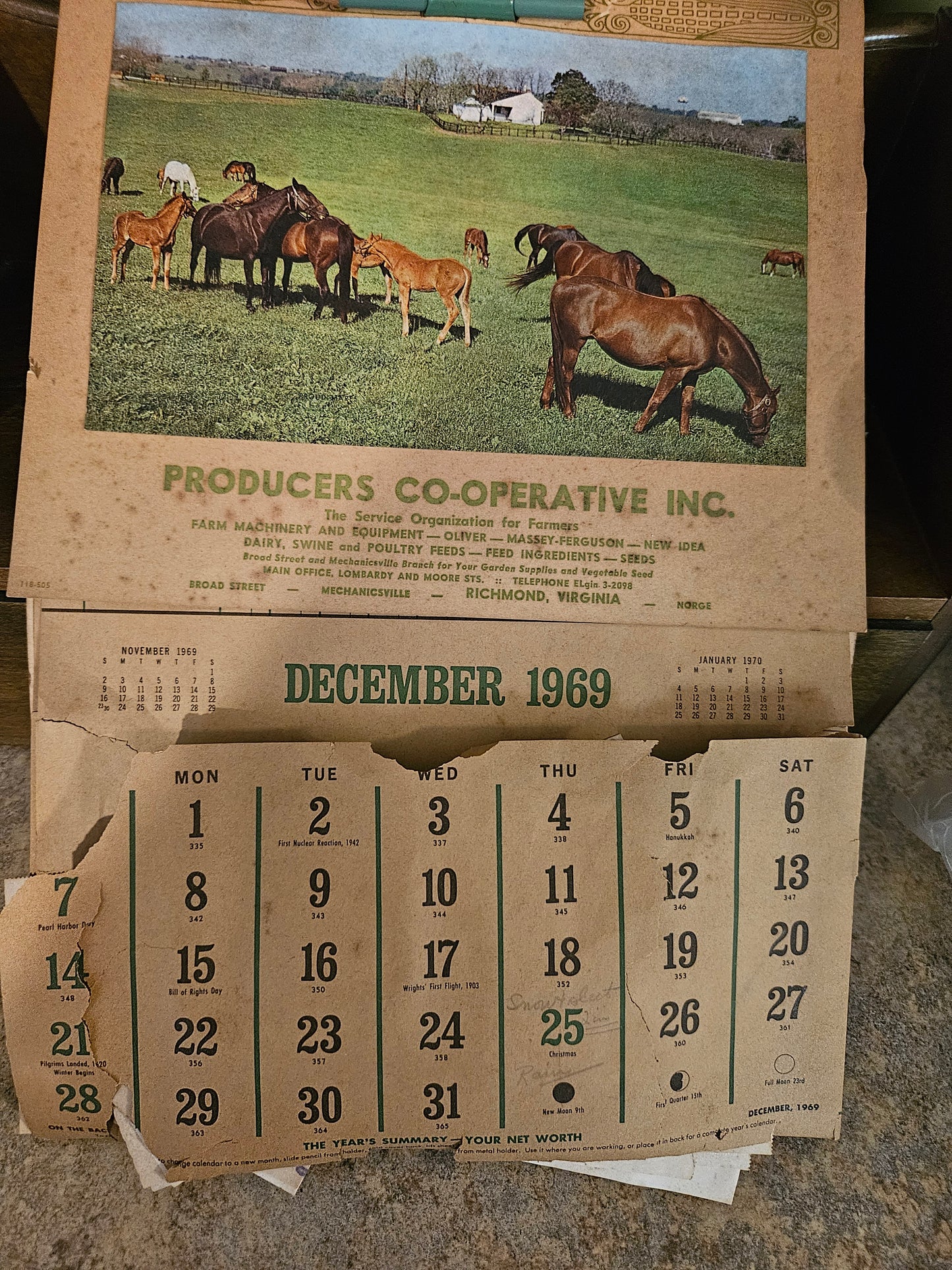 1969 Producers Co-Operative Inc. Farm Advertising Calendar – Richmond VA + Vintage Receipts