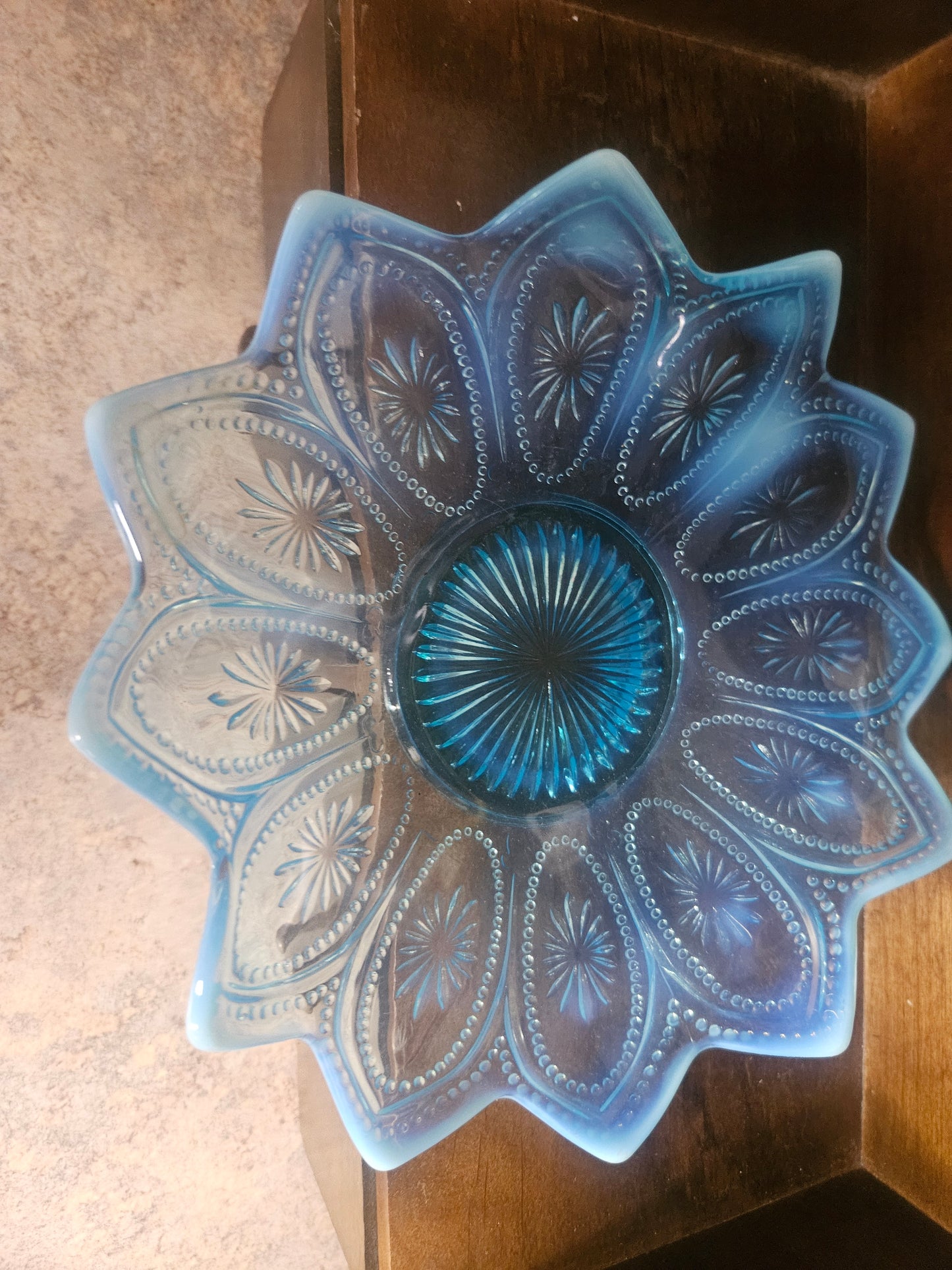 Northwood Blue Opalescent Pressed Glass Bowl — Spokes & Wheels Pattern, 8" x 8", No Chips or Cracks