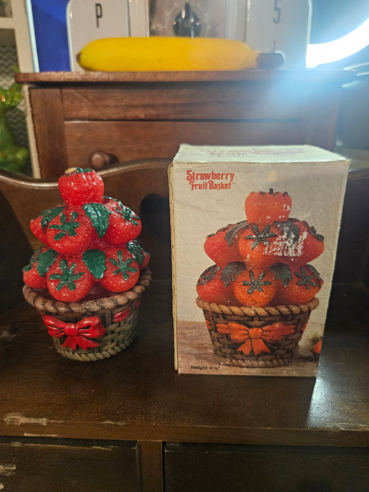 "Strawberry Fruit Basket" Hand-Painted Scented Wax Candle — Original Box, 5x3x3", Vintage