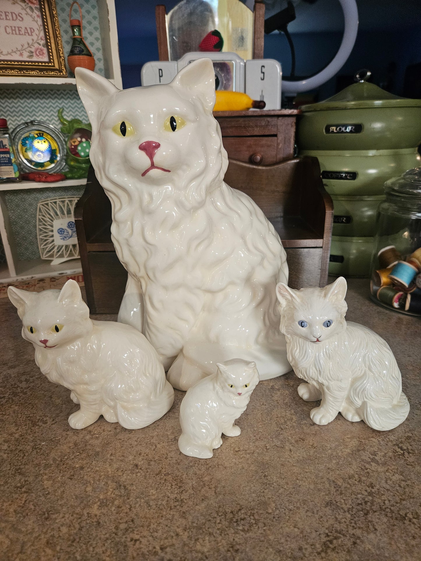 Vintage White Ceramic Persian Cat Family — Mama & 3 Kittens, Set of 4