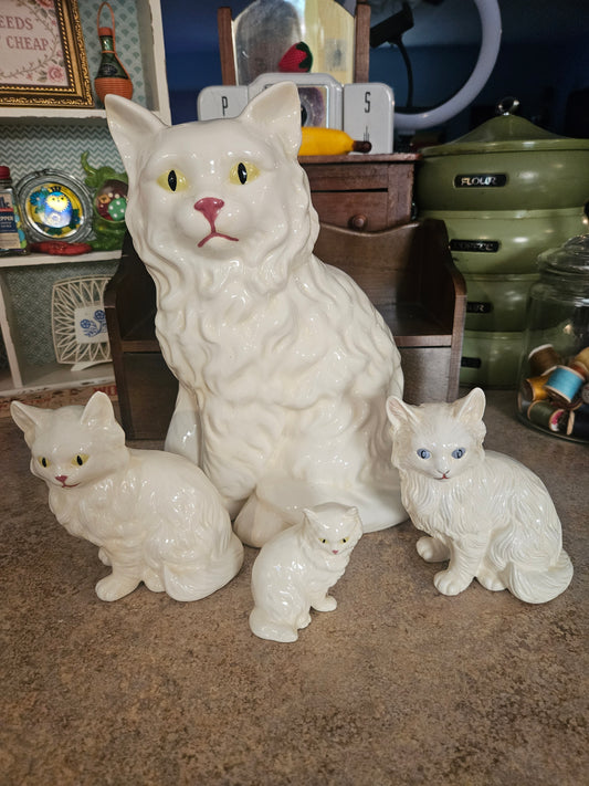 Vintage White Ceramic Persian Cat Family — Mama & 3 Kittens, Set of 4