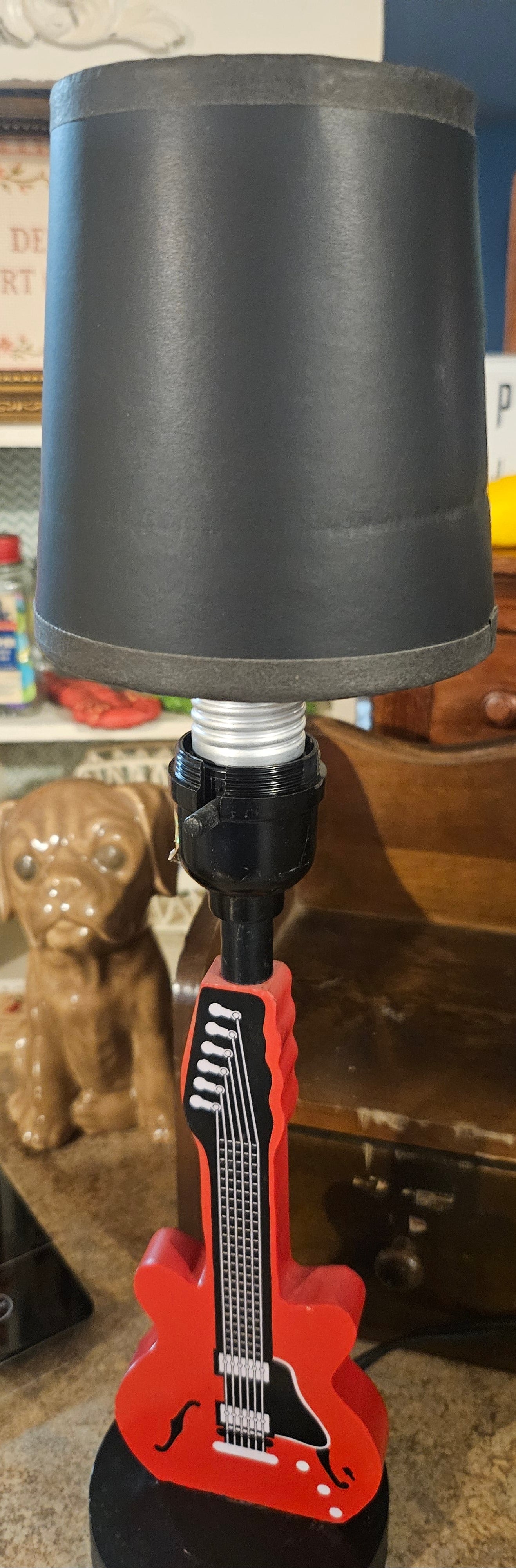 Electric Guitar Novelty Table Lamp – Red & Black with Gray Shade