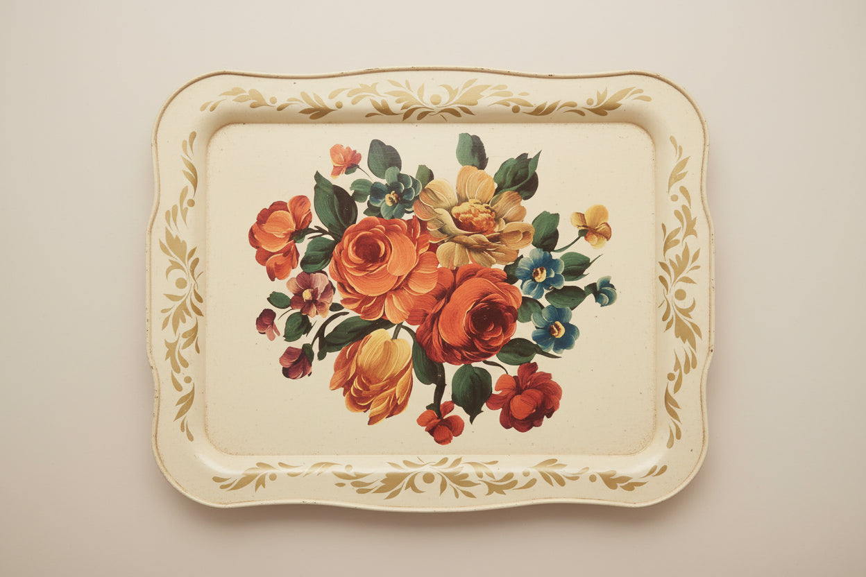 Vintage Tole-Style Metal Floral Tray — Rose Bouquet Display