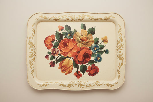Vintage Tole-Style Metal Floral Tray — Rose Bouquet Display