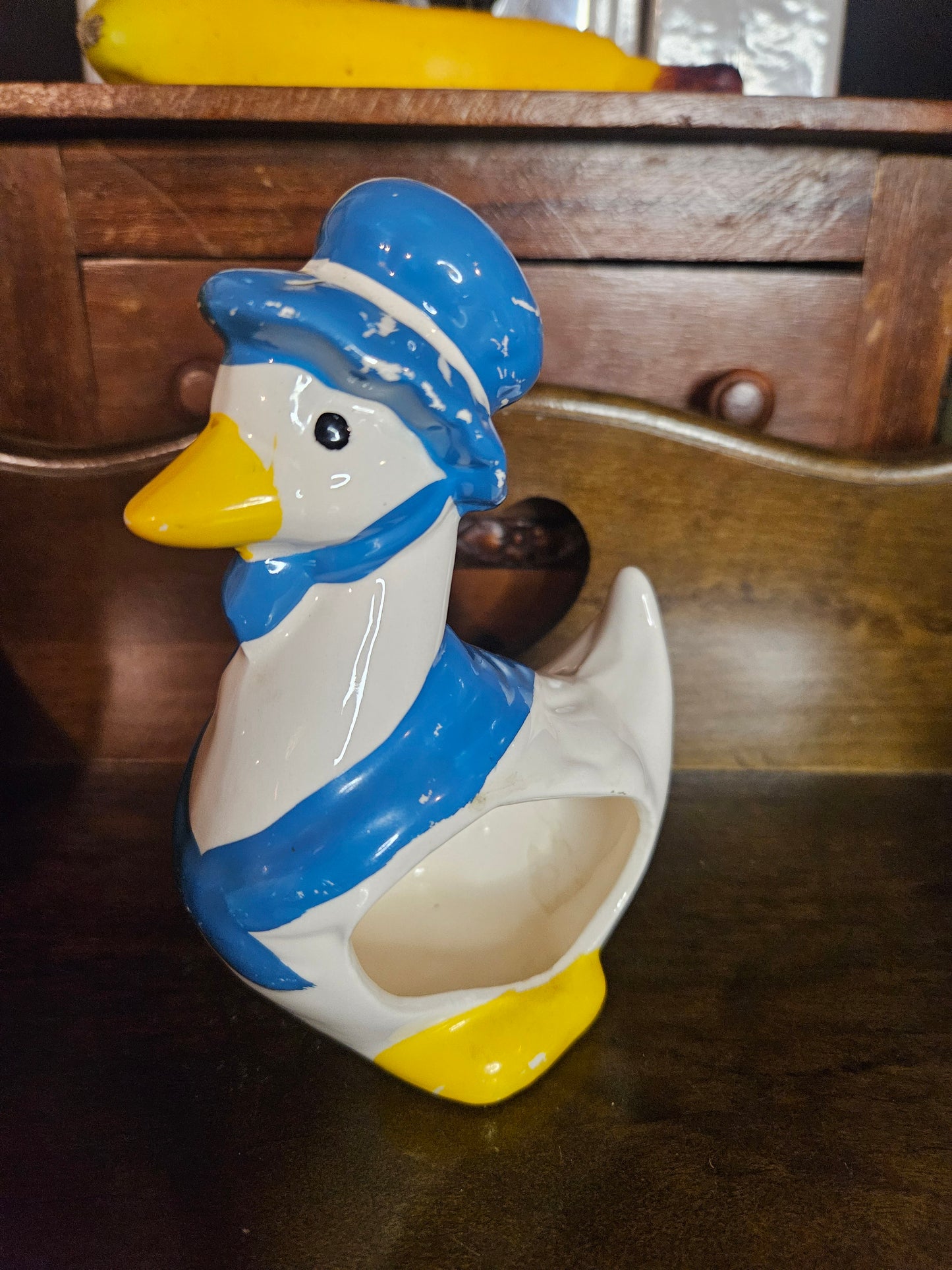 Vintage Ceramic Dressed Goose Sponge Holder – Blue Bonnet & Shawl, Country Kitchen