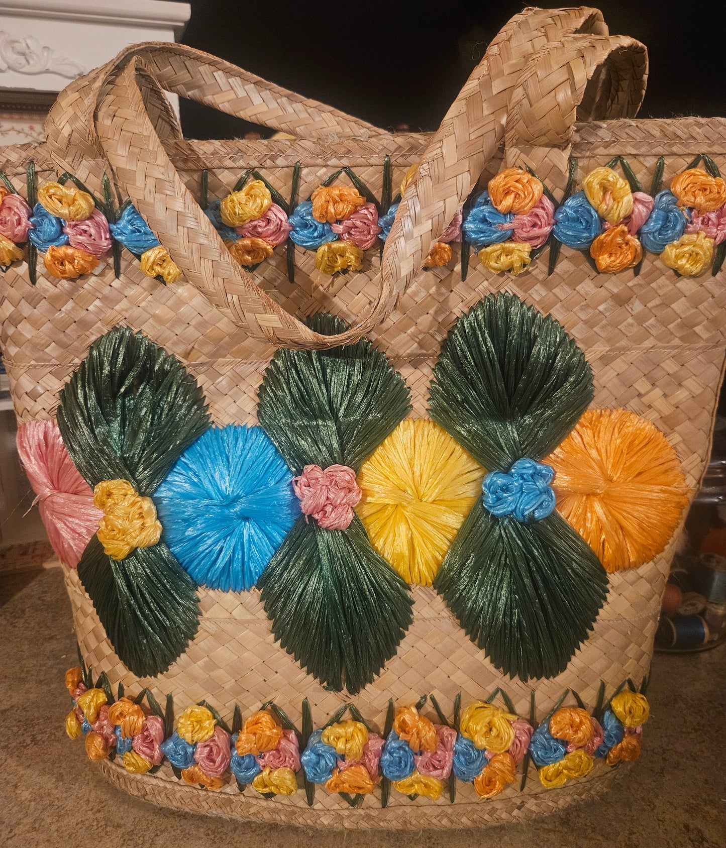 Vintage Mexican Woven Straw Tote Bag with Raffia Flower Embellishments