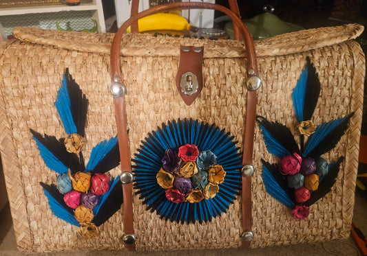 Vintage Mexican Woven Straw Weekender Bag with Folk Art Embellishments