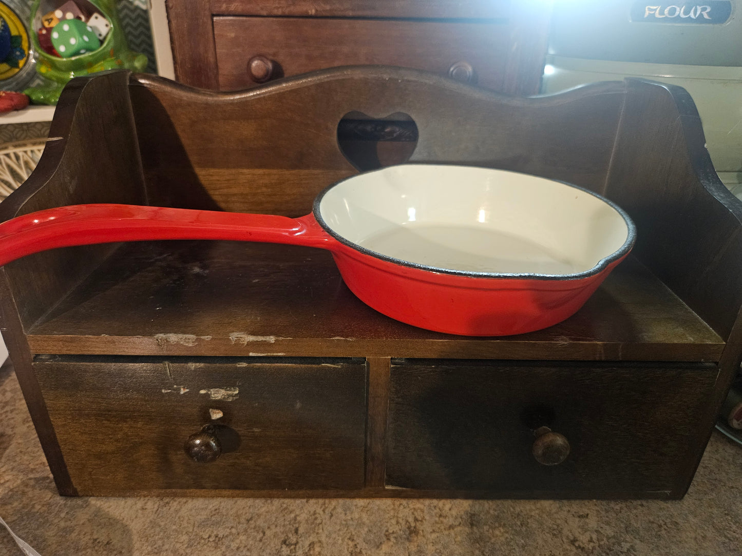 Red Enameled Cast Iron Skillet — Flame Red Exterior, White Interior, 7" Pan, 12" Overall, Vintage