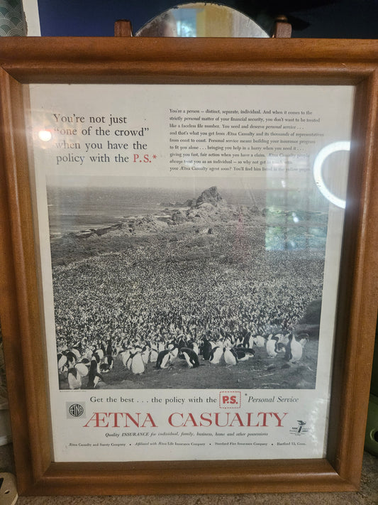 Framed Vintage Aetna Casualty Magazine Ad — Penguin Colony, Mid-Century Advertising Ephemera, 10.5" x 13.5"